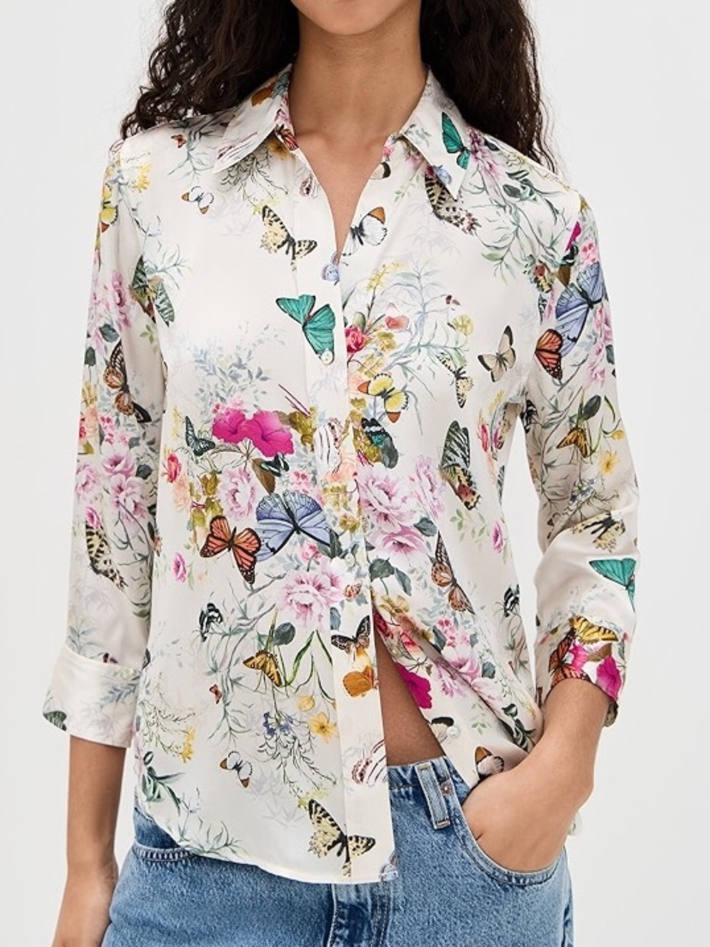 L'AGENCE Cream Button-Down 100% Silk Blouse Multicolor Butterfly & Floral Print